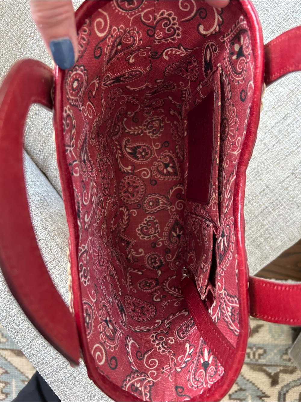 Brighton Red-Trim Woven Straw Tote with Floral Appliqués - Picture 4 of 5